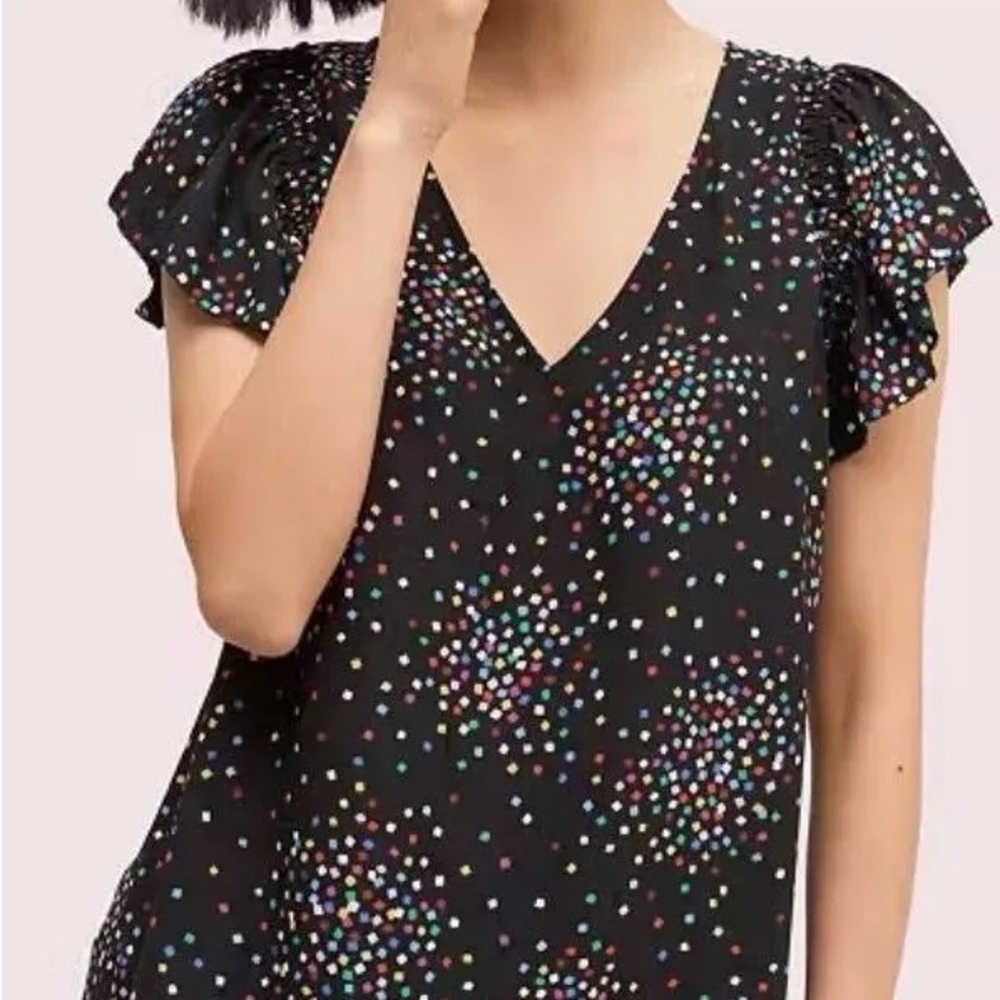 NWOT kate spade black Flutter Sleeve Top with Multicolor Confetti Dots.